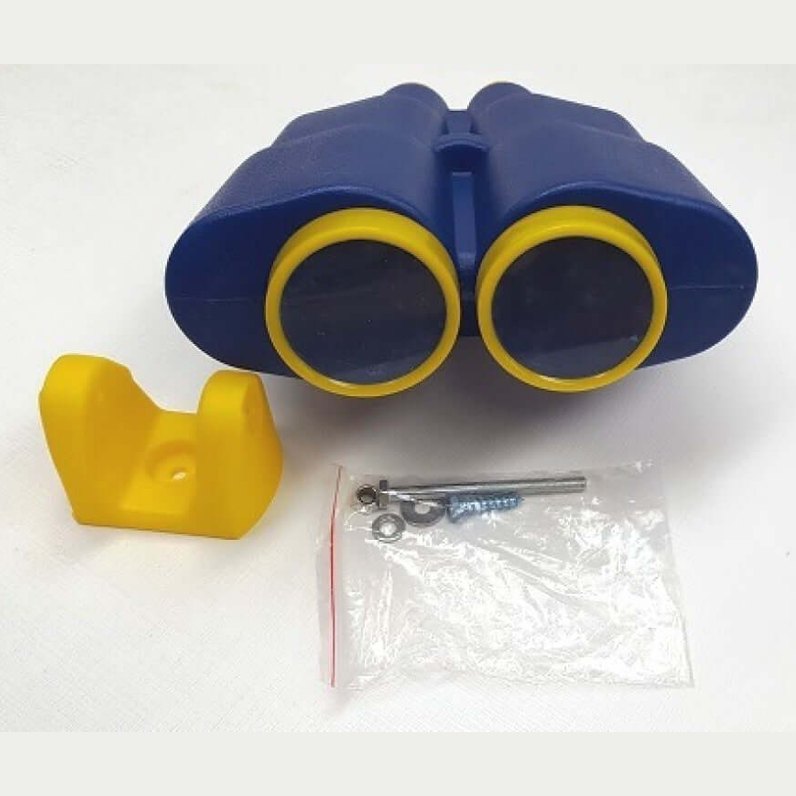 Blue and yellow binoculars with a yellow stand and screws