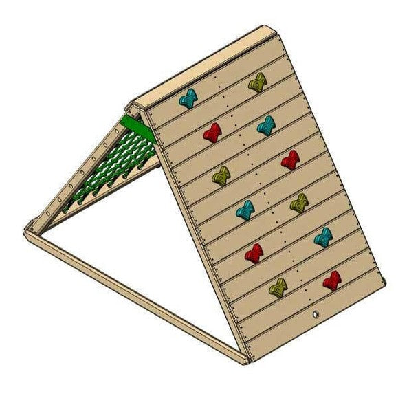 Wooden climbing frame with rock holds and climbing net