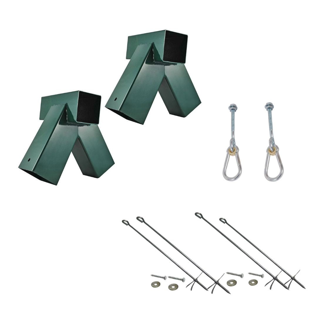 x2 corner metal brackets for swing beam, x2 hangers for 1 swing, and x4 ground screws.