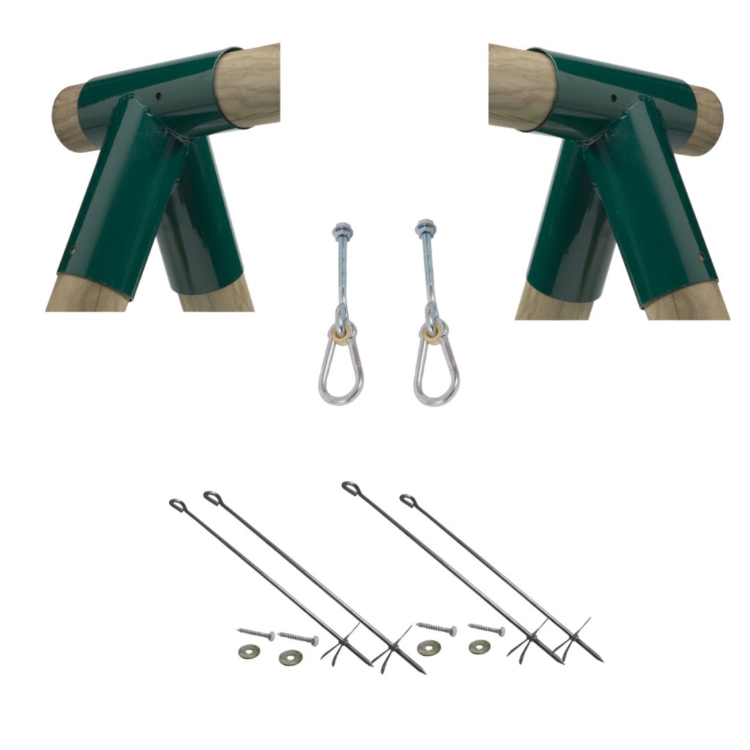 2 swing beam corner brackets, 1 pair of hangers and x4 ground screws