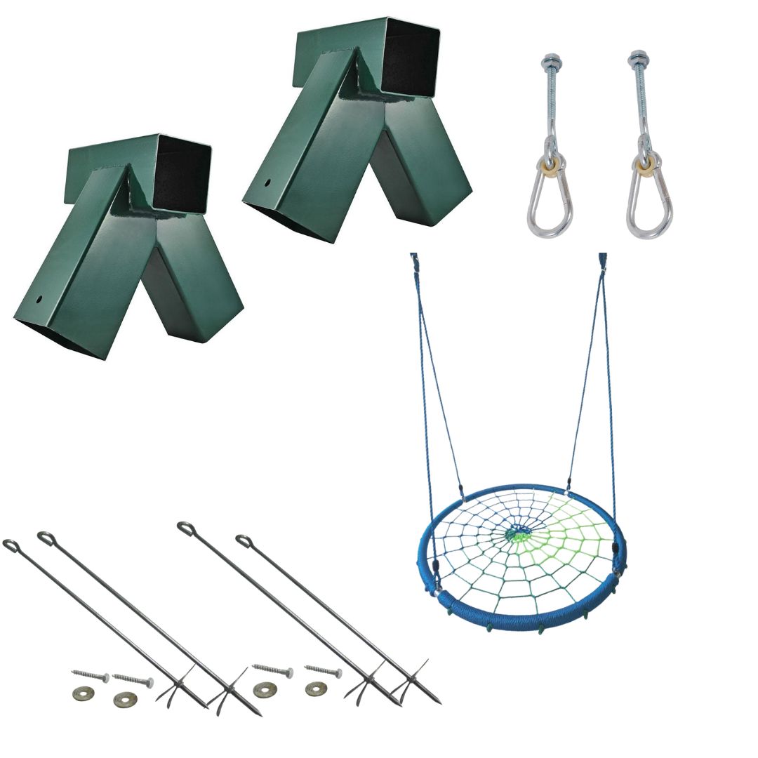 x2 square green brackets, x1 pair of swing hangers, x4 ground screws, and x1 nest swing