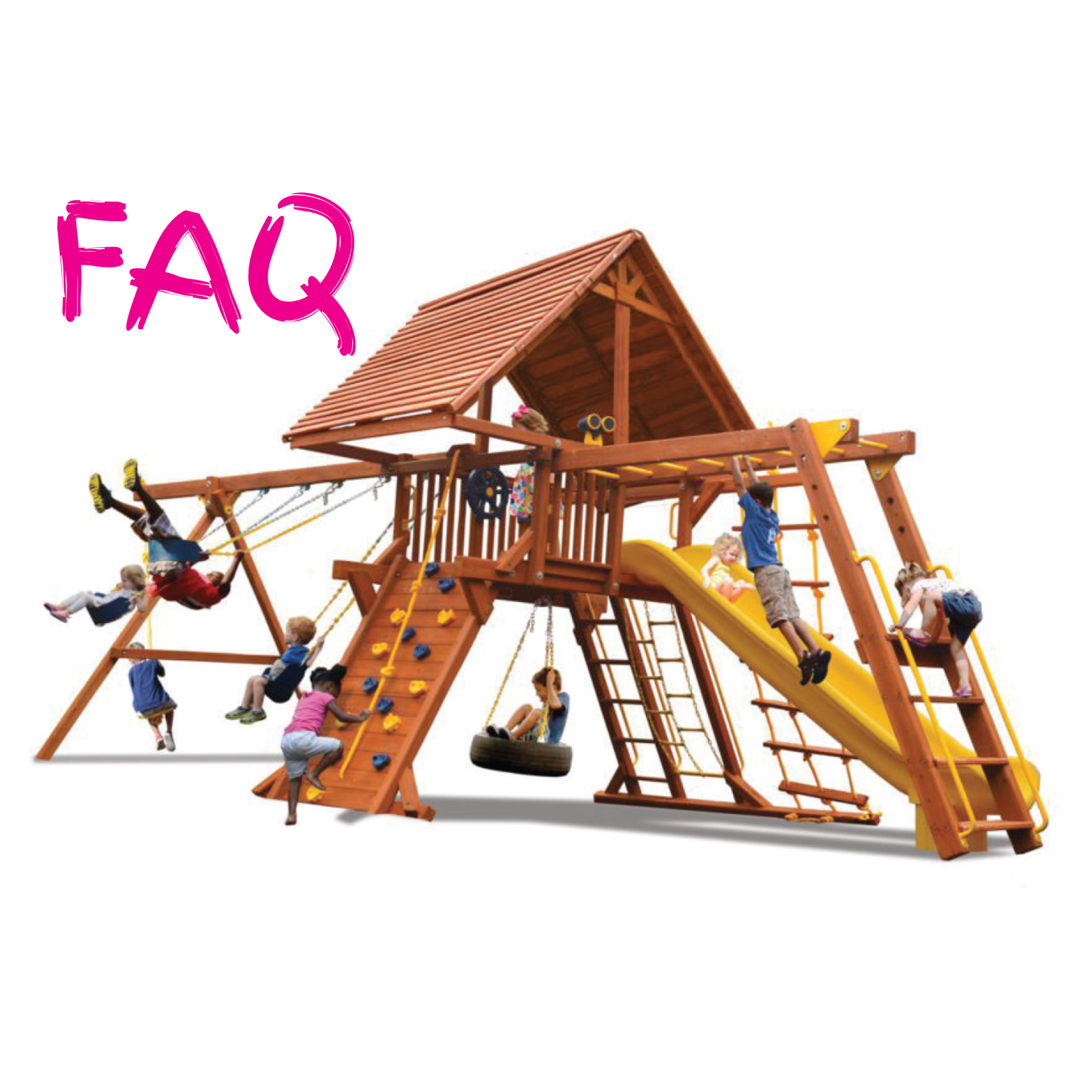 A large wooden playground with a wood roof, swings, ladder, climbing wall, and yellow slide, shown on a white background with children playing and a pink 'FAQ' text overlay.