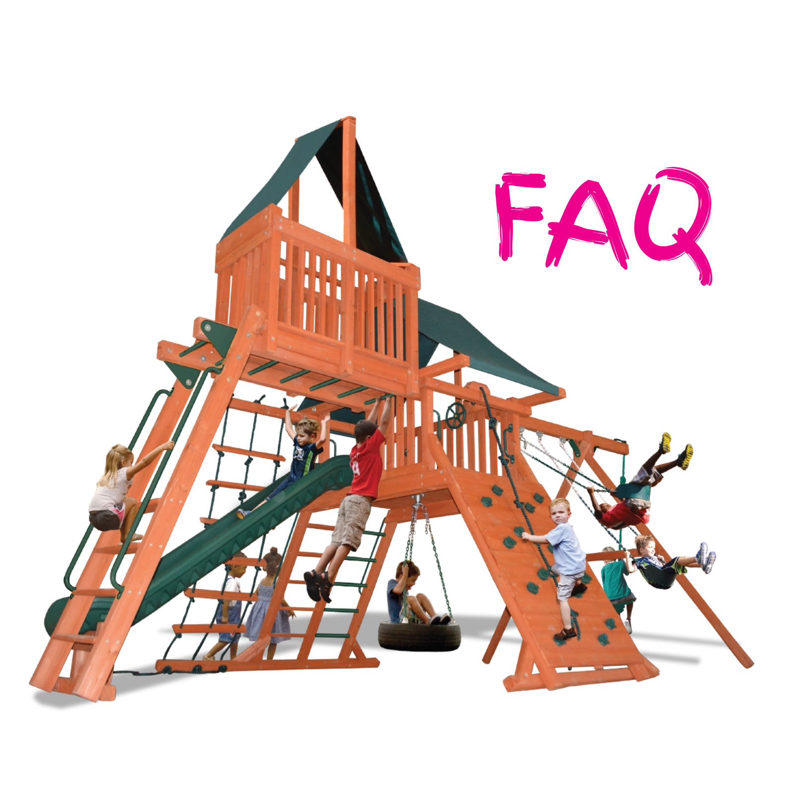 A large wooden playground with climbing walls, a slide, rope swings, and a hanging tire swing, shown with several children playing on it. The word 'FAQ' appears in bright pink text in the upper right on a white background.