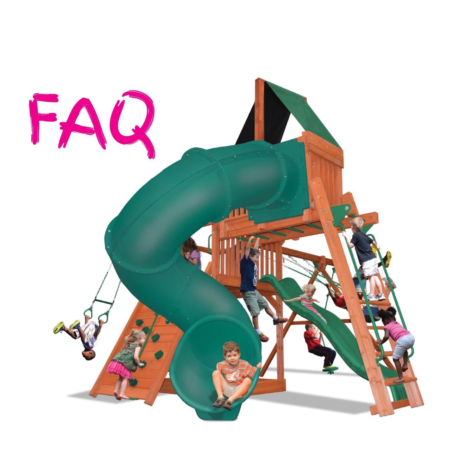 A large wooden outdoor playground with 2 levels for play, monkey bars, two slides, climbing walls, ropes, and swings, shown with children playing on it. The word 'FAQ' appears in pink text in the upper left corner on a white background.