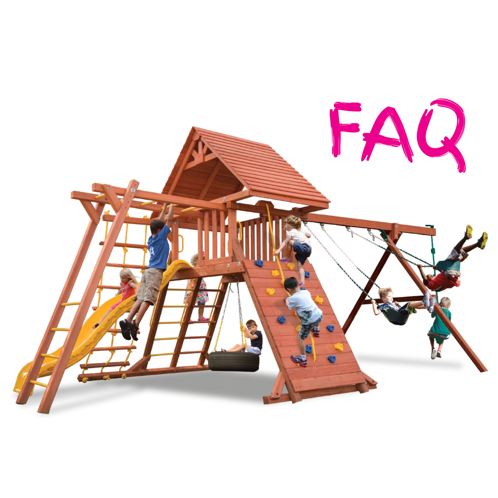 A large wooden backyard playground with a climbing structure, ladder, yellow slide, rope swings, and a climbing wall, shown with children playing on it. The word 'FAQ' appears in bright pink text in the upper right on a white background.