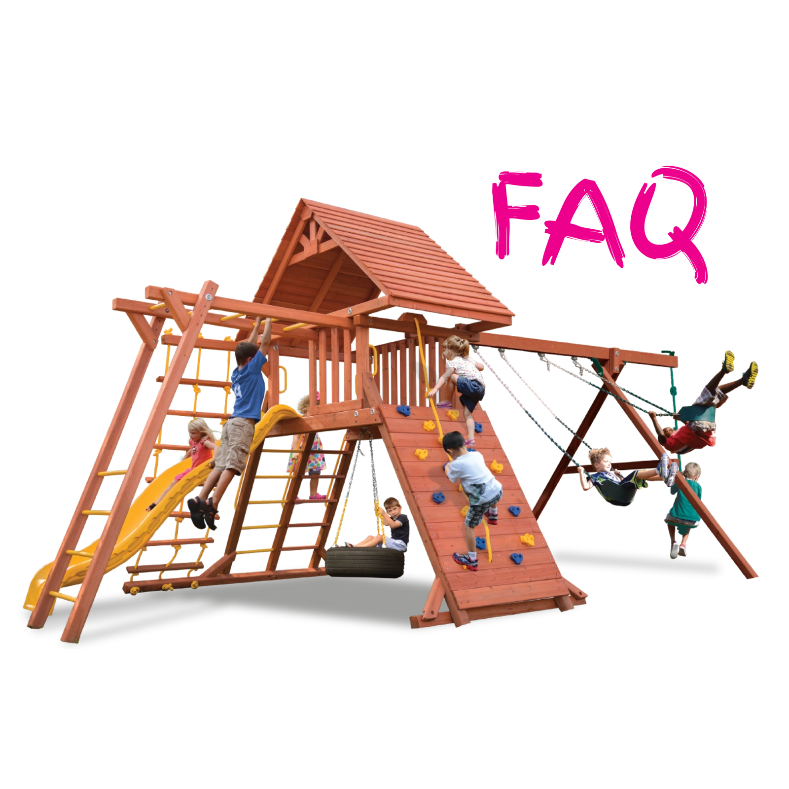 A large wooden backyard playground with a climbing structure, monkey bars, ladder, yellow slide, swing set, and children playing on it, shown on a white background with a pink 'FAQ' text overlay.