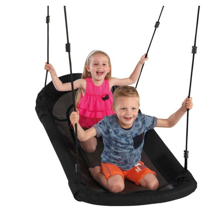 Two children swinging on a black nest swing seat in nz