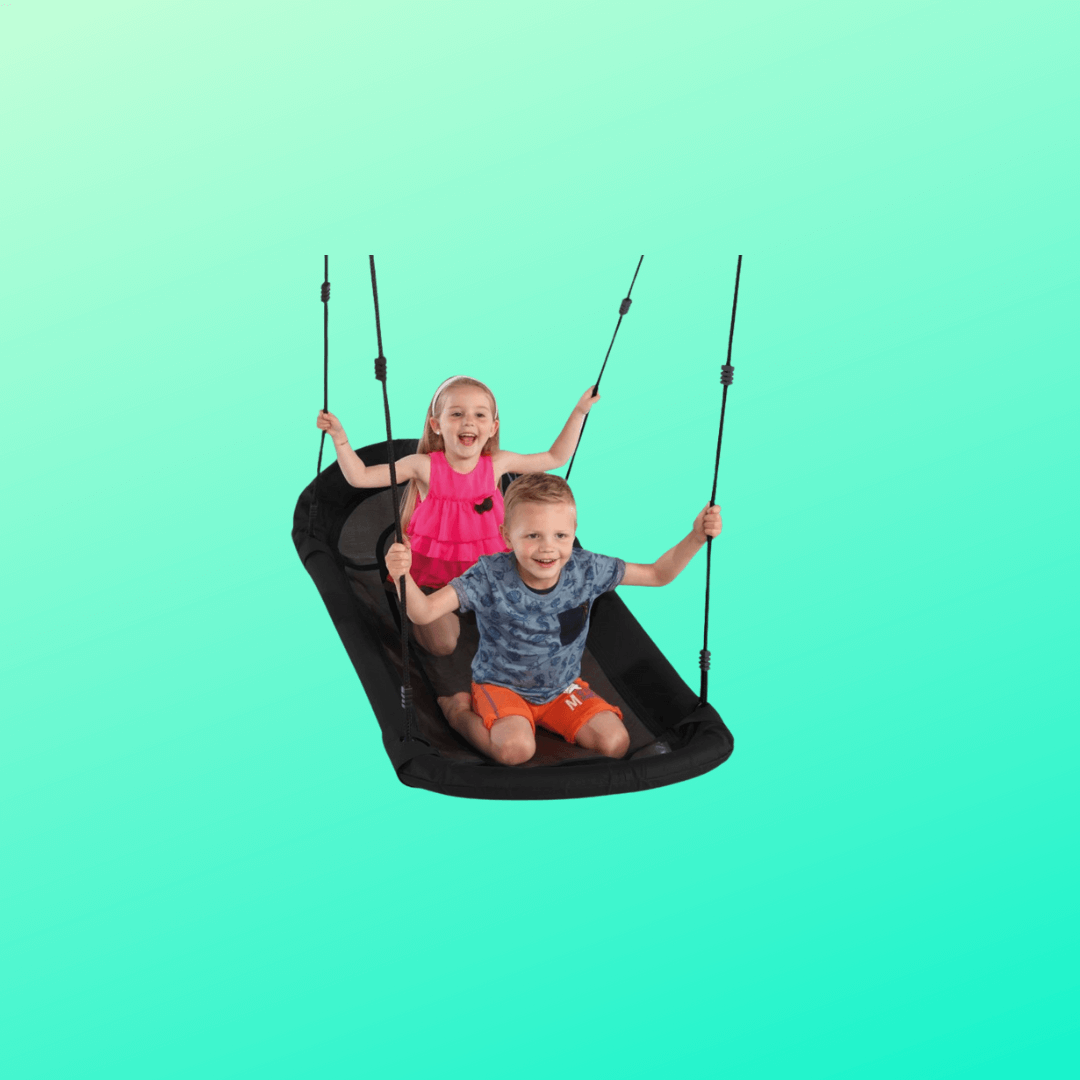 two children on boat style grandoh swing