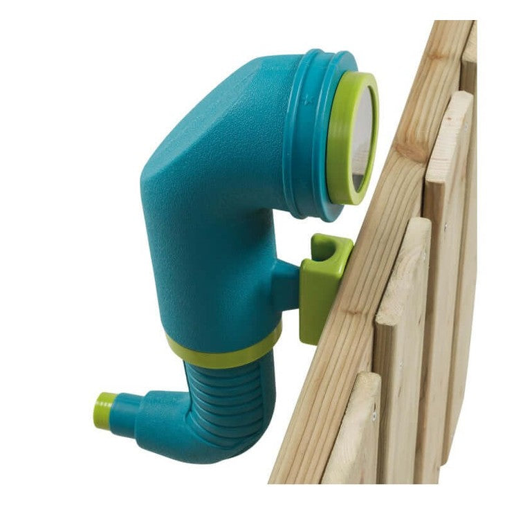 Turquoise and green periscope attached to a fence