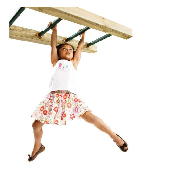 Child climbing over green monkey bars with wooden edges