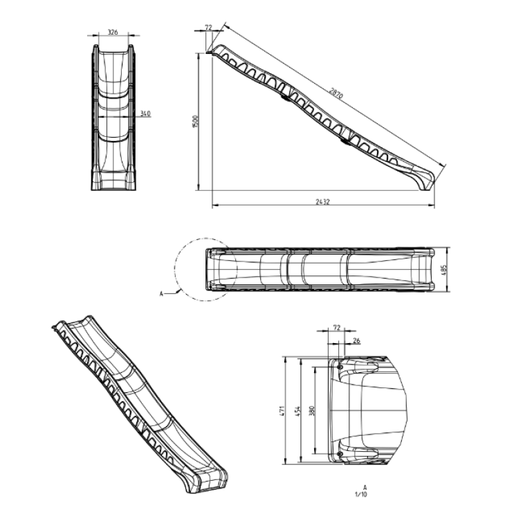 dimensions of rocli water wave slide. Measurements