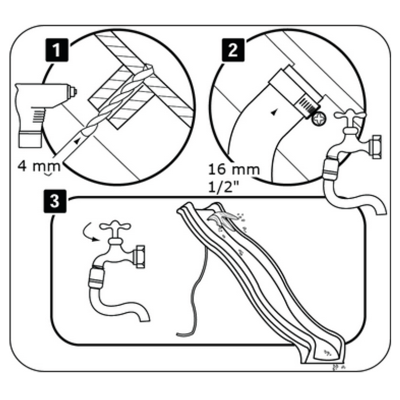 Black and white diagram showing steps for connecting the water to the wave water slide.