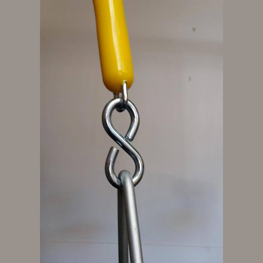 Demonstrating S hook that connects the bucket swing and the safety chains