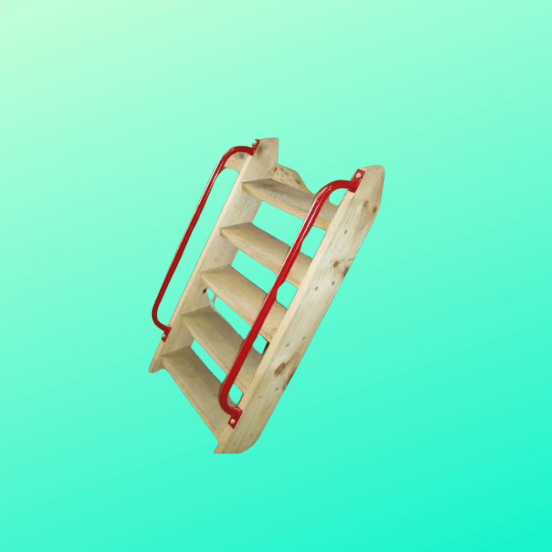Wooden ladder with red safety supports