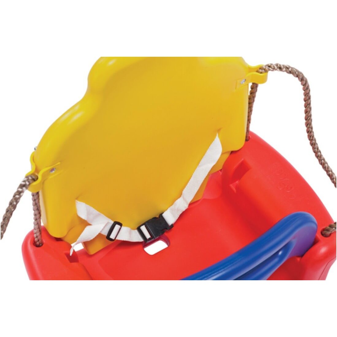 close up of the red yellow and blue baby growing swing showing the safety belt