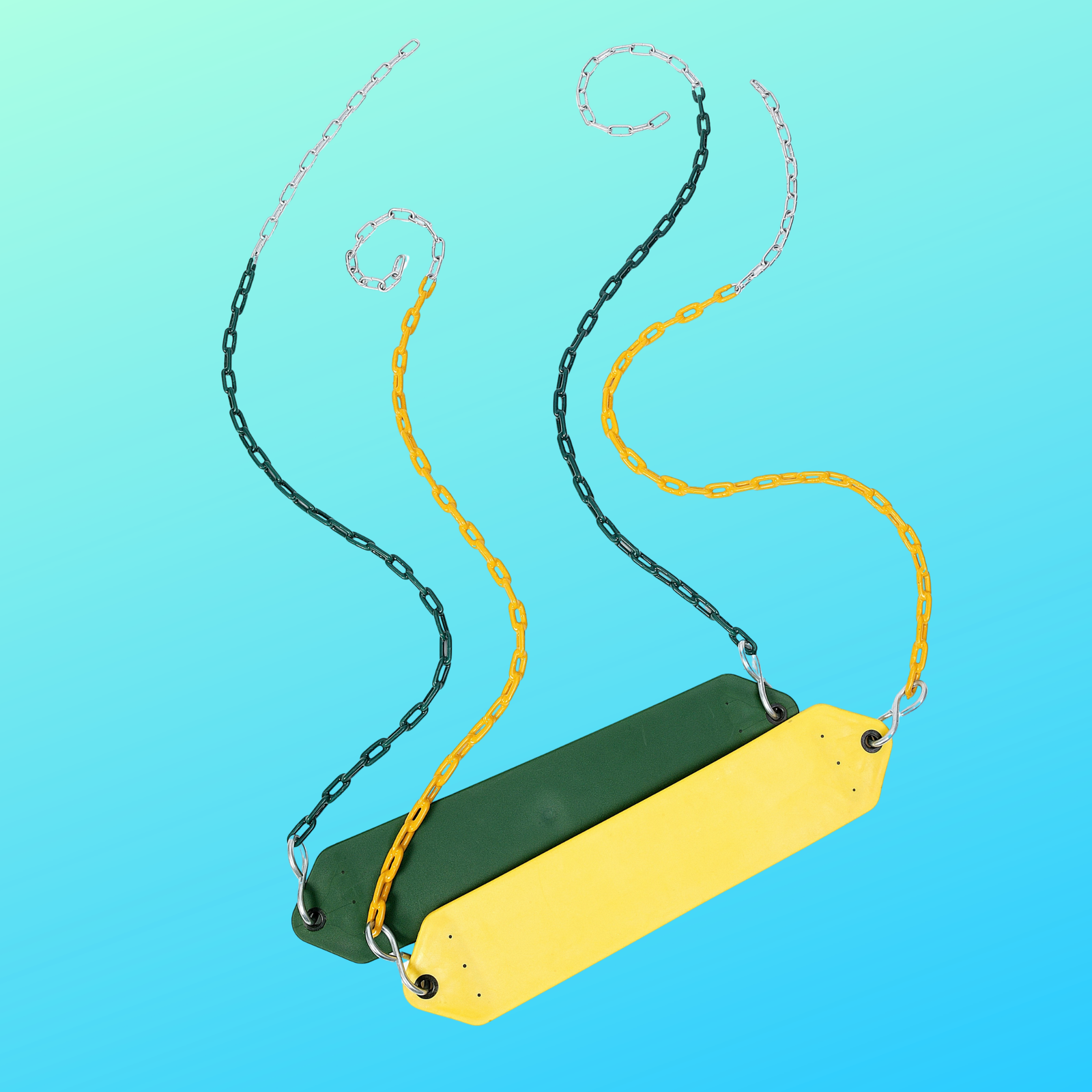A green and a yellow belt swing with plastisol coasted and galvanised chains