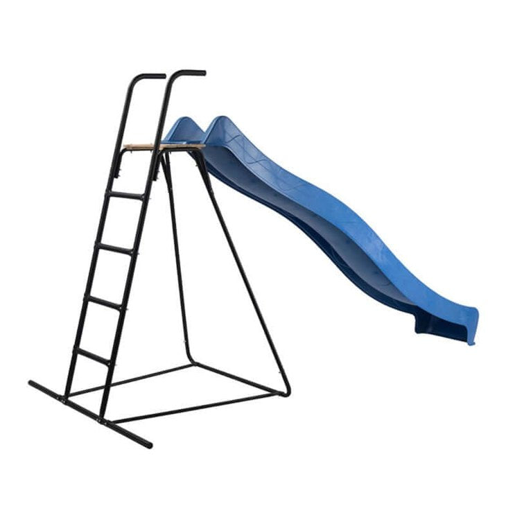 blue slide attached to a ladder and platform