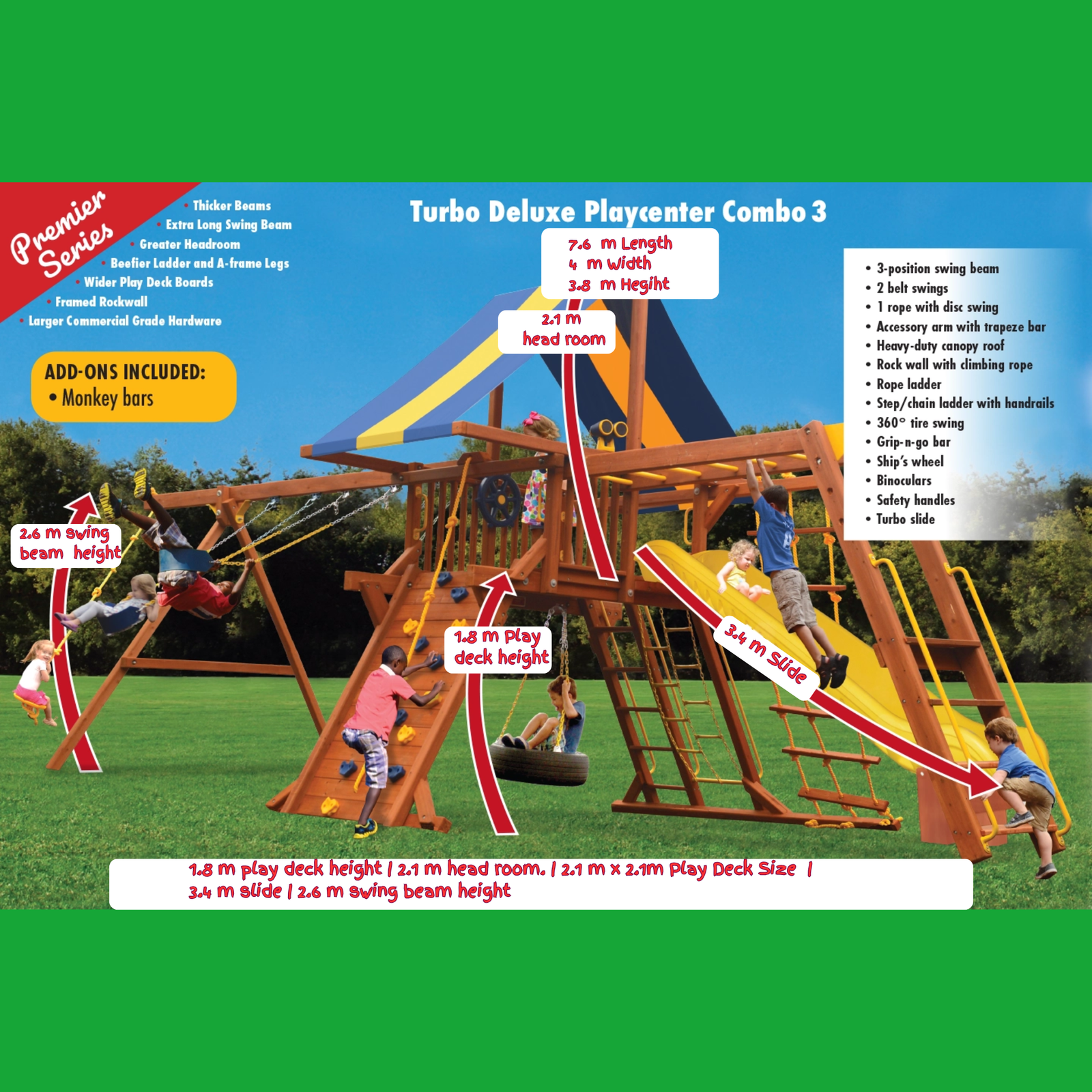 Deluxe Playcentre 3, with swings & monkey bars