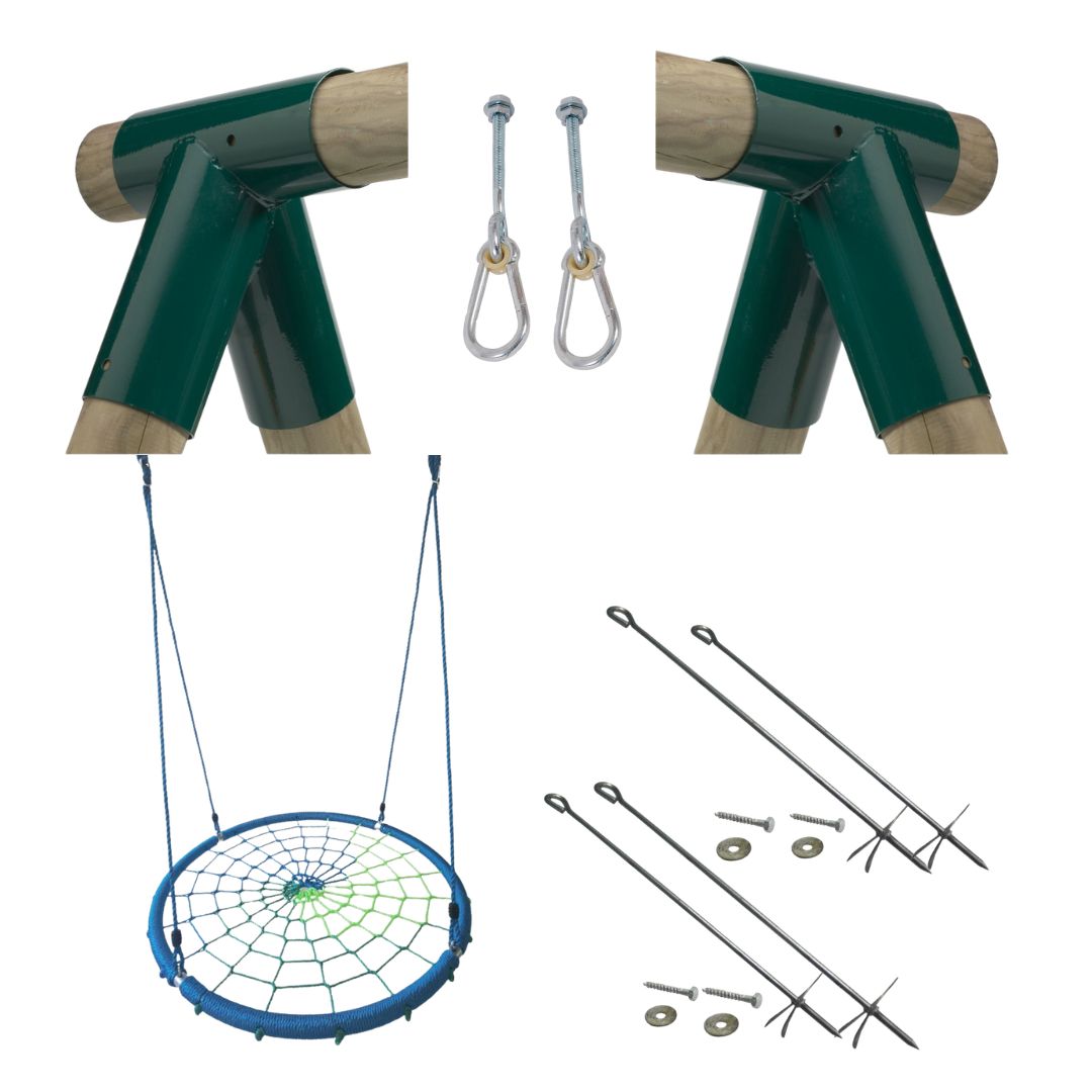 x2 green swing corner brackets, x1 pair of swing hangers, x4 ground screws and x1 nest swing