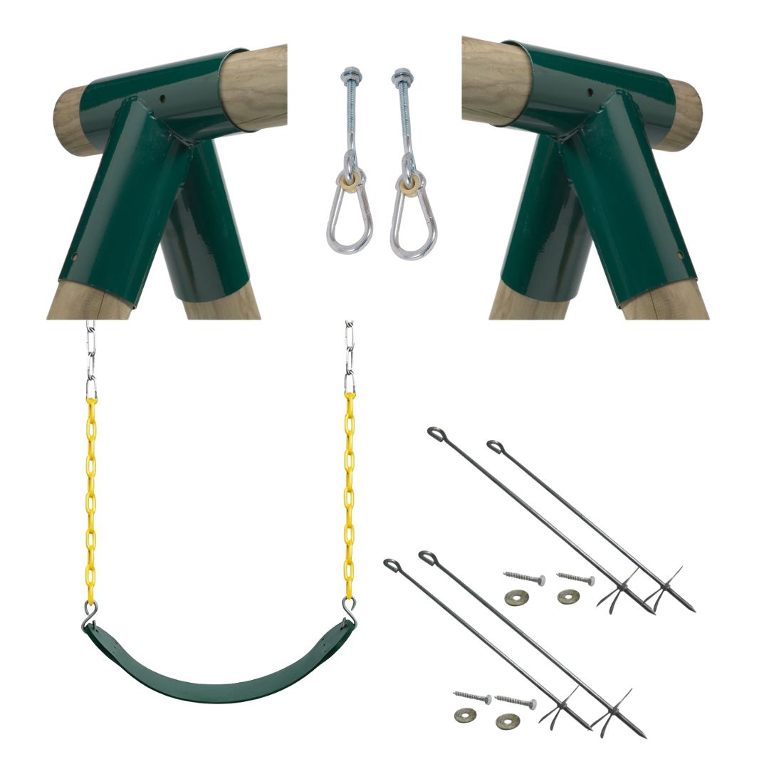 x2 green swing corner brackets, x1 pair of swing hangers, x4 ground screws and a belt swing