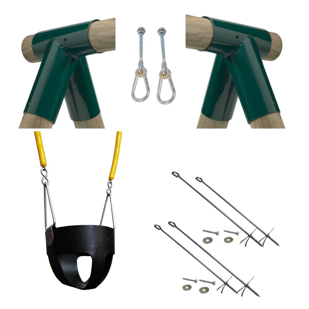 x2 green swing corner brackets, x1 pair of swing hangers, x4 ground screws and a bucket swing