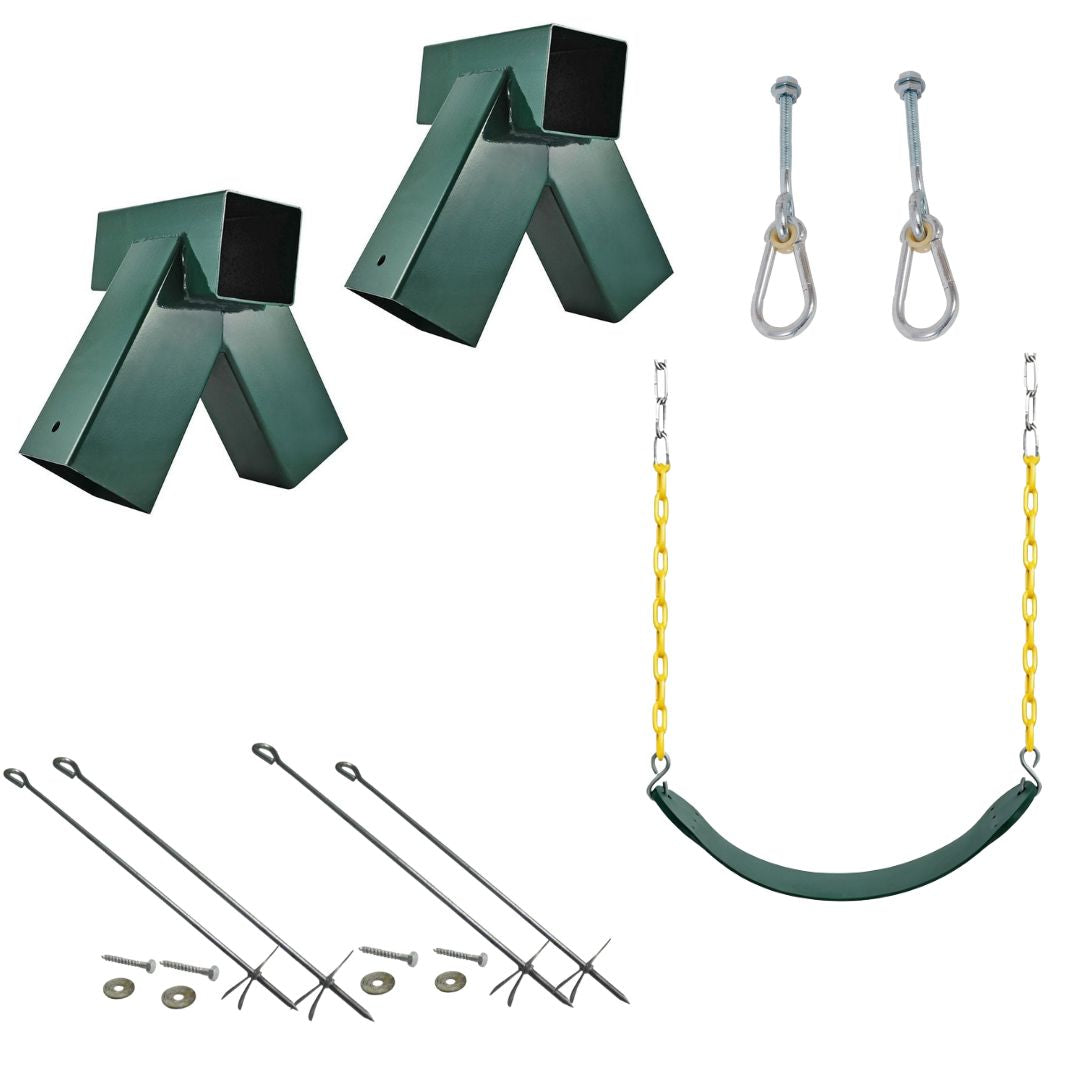 x2 green brackets, x1 pair of swing hangers, x4 ground screws and x1 belt swing