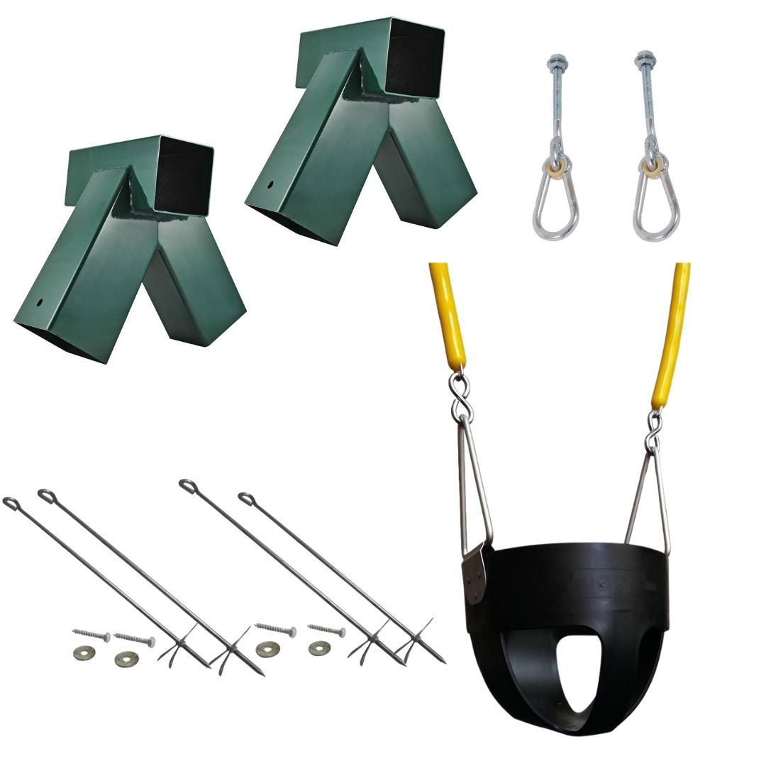 x2 green swing corner brackets, x2 swing hangers, x4 ground screws and x1 bucket swing