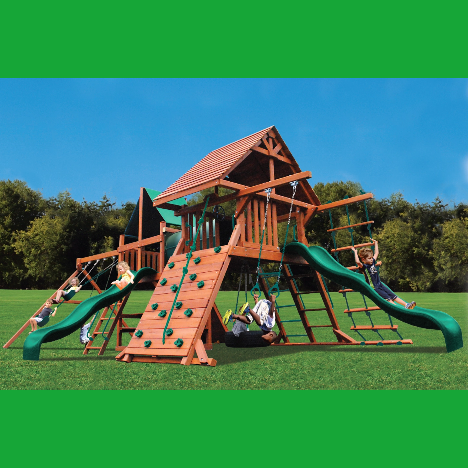 Children playing on a wooden playground set with slides and climbing structures.