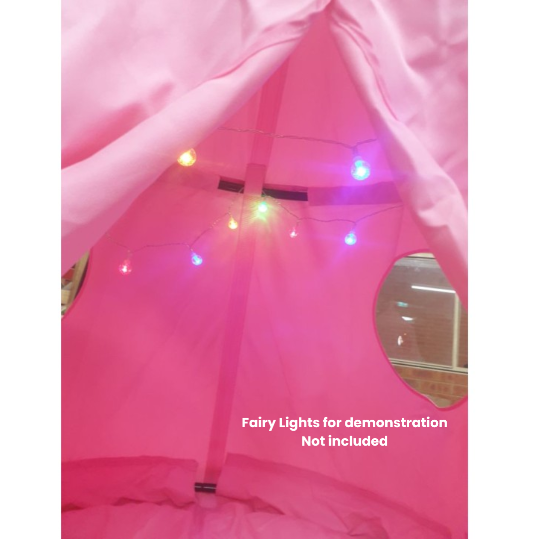 pink tent swing with fairy lights sparkling