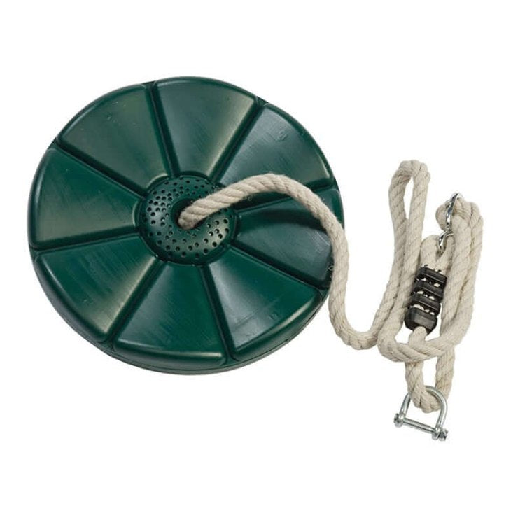 green disc swing seat with rope and D shackle
