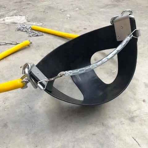 black half bucket swing with padded chains. For toddlers and babies
