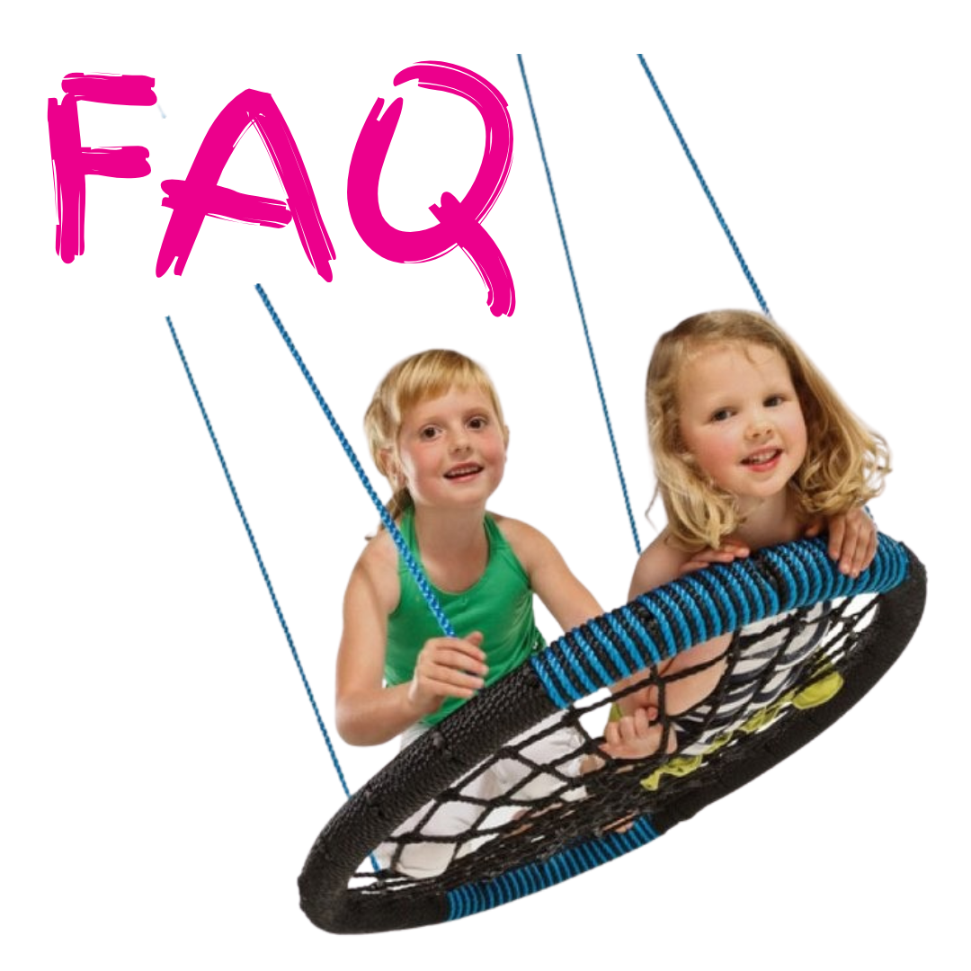 Two girls happily swinging on a blue and black nest swing in nz