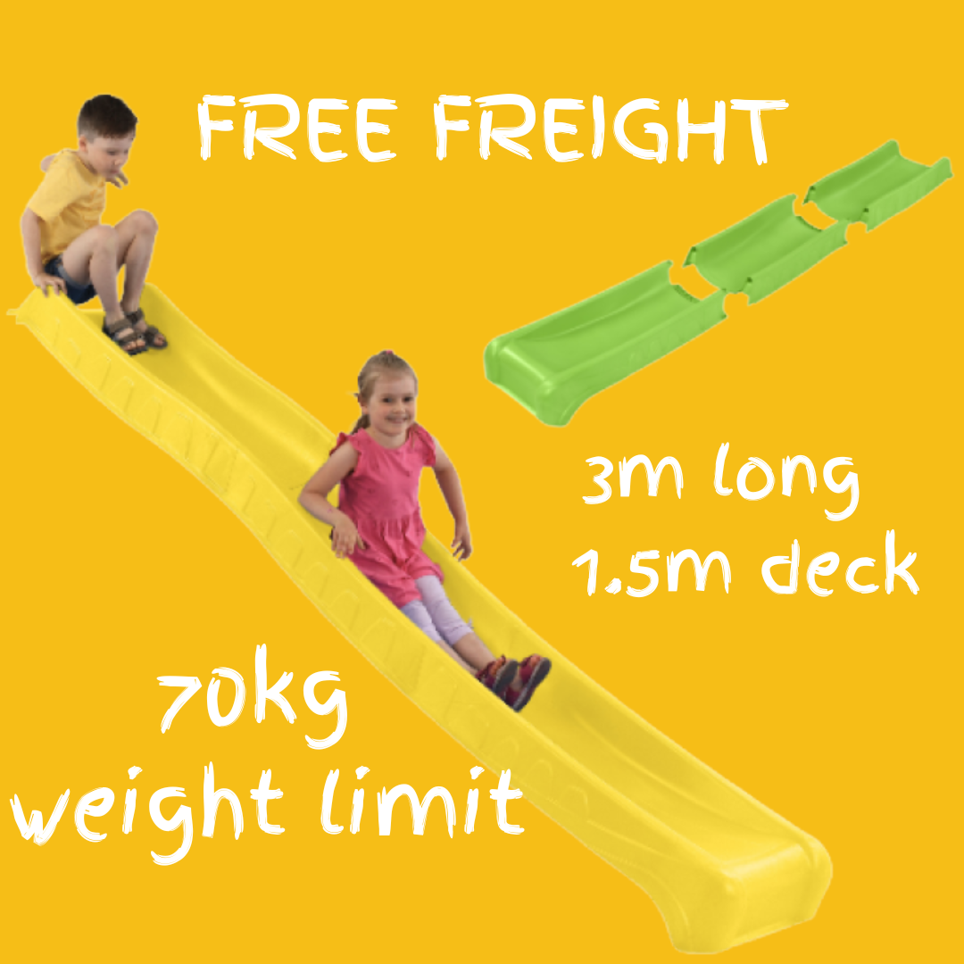 children sliding down a yellow slide that is 3m long and 1.5mdeck height
