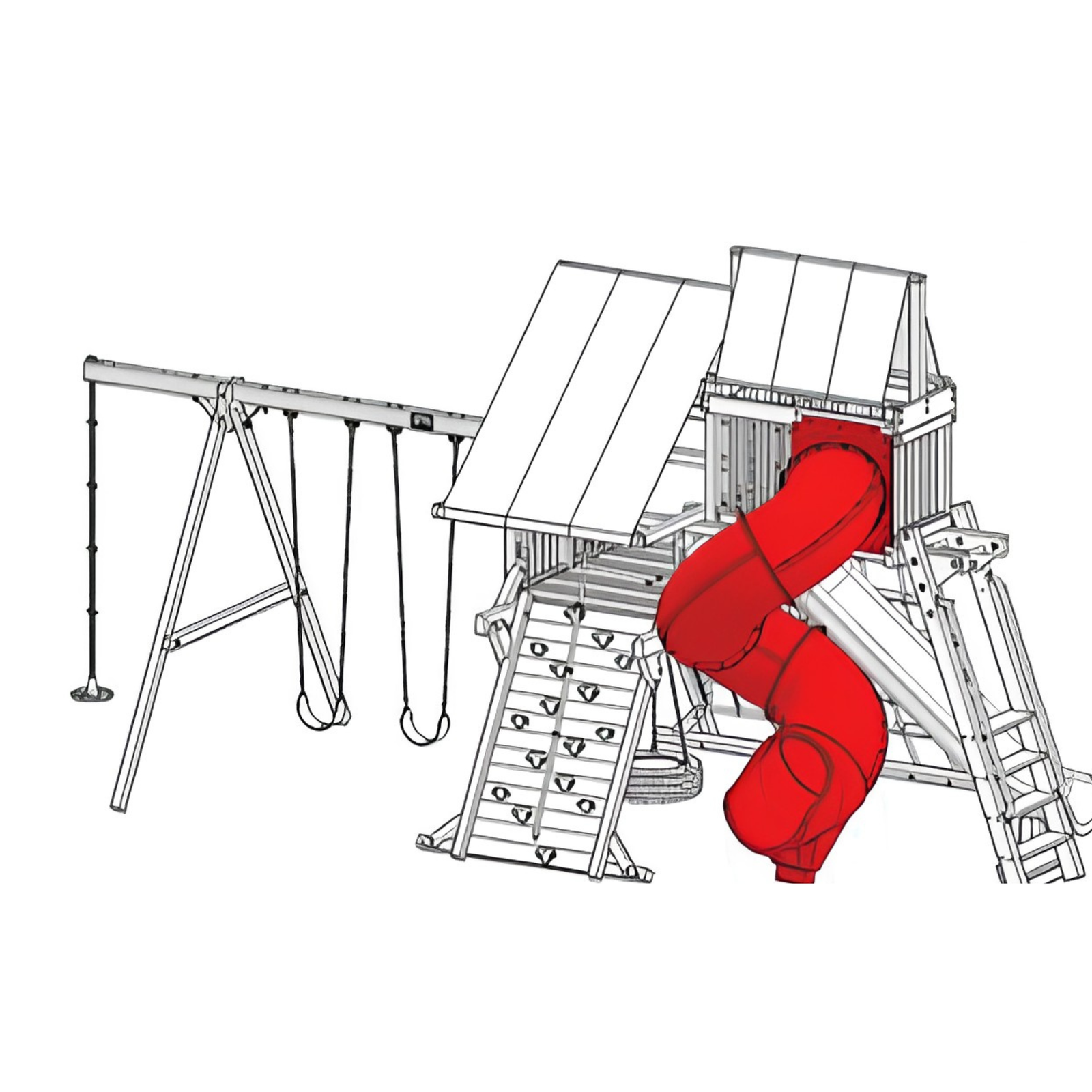 drawing of a wooden playground fort, swing set, monkey bars and sky loft ; with tube slide in red to show the added on component