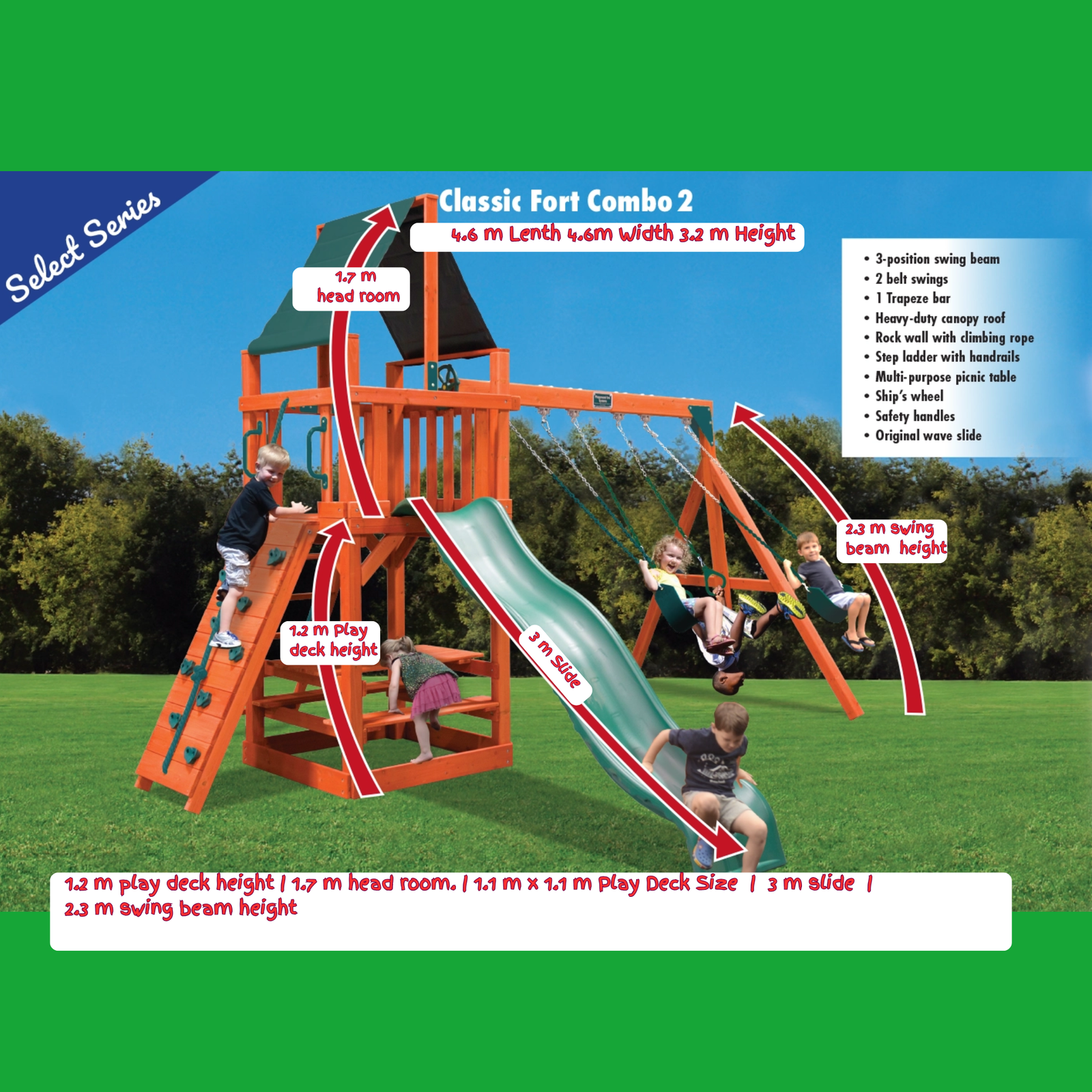 An outdoor playground scene showing a large wooden play structure with a green slide and swing set, with children using it. The image includes measurement callouts, product feature text, and a green border background.