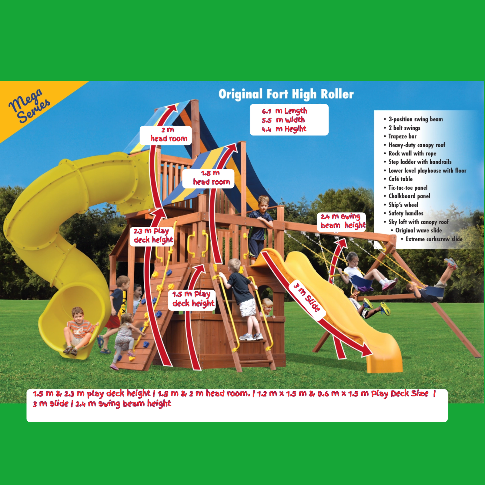 Playground structure with slides and climbers, labeled with dimensions and features, on a green background.