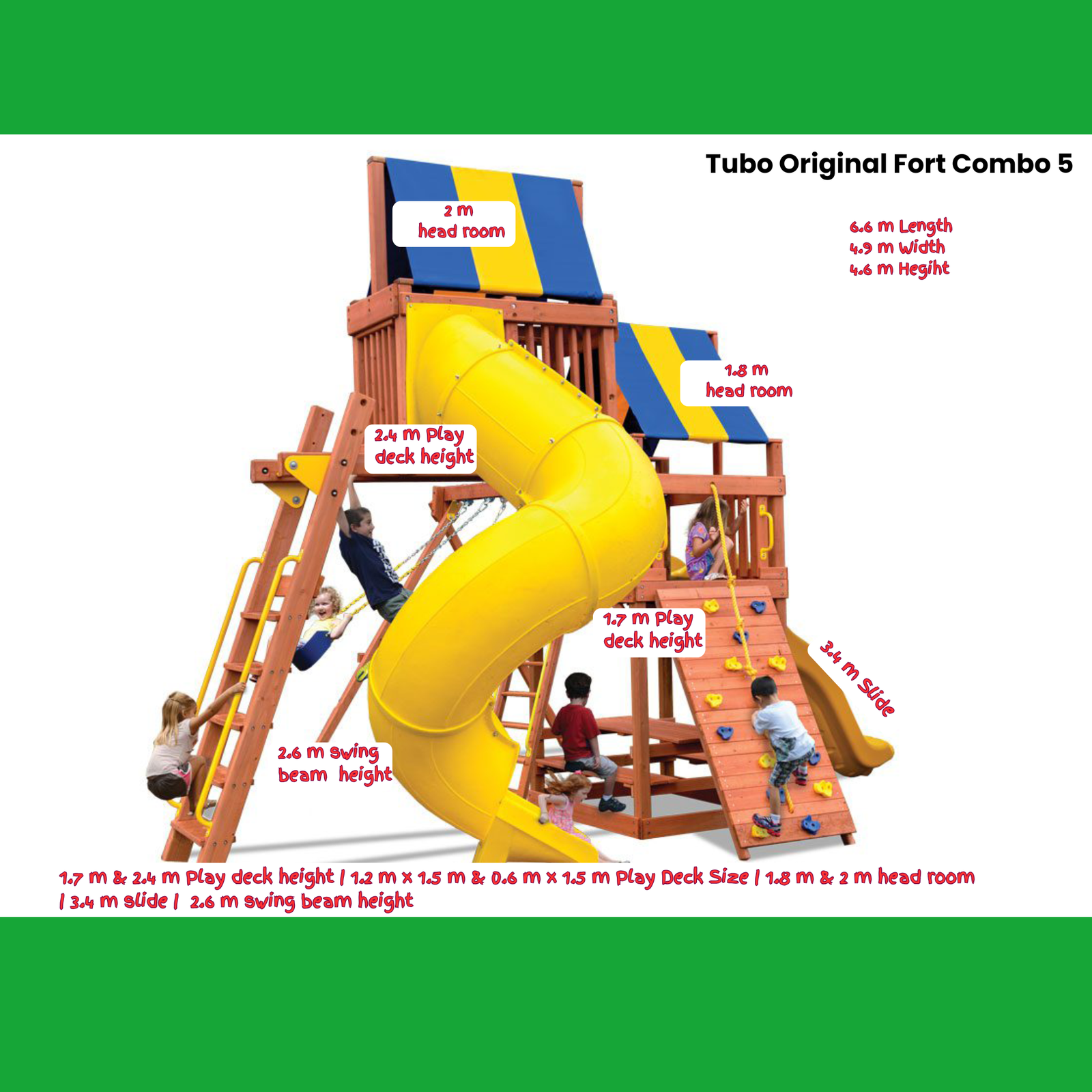 A wooden children's playground labeled 'Tubo Original Fort Combo 5' on a white background with green borders. The product includes a yellow spiral slide, climbing walls, ladder, swing set, and play deck, with multiple children climbing and playing.