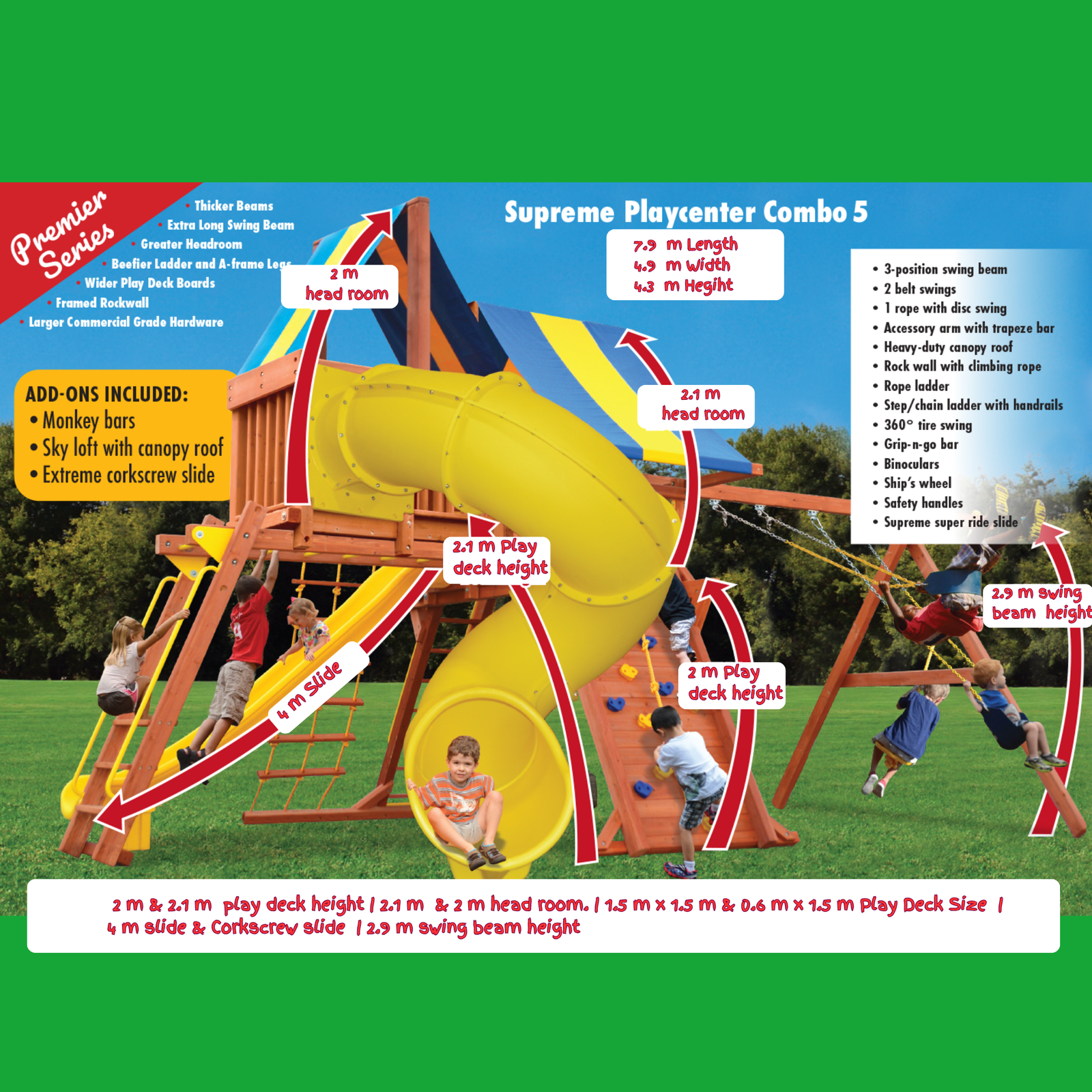 Supreme Playcentre combo 5 playground structure with measurements and features on a green background