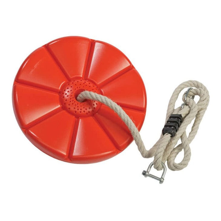 Red monkey swing ready for use on zip line