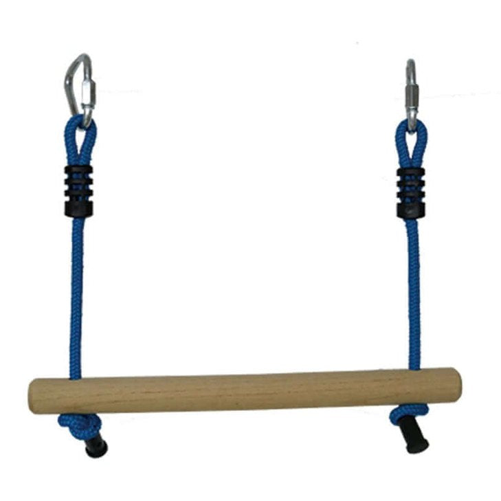 wooden trapeze bar with blue ropes