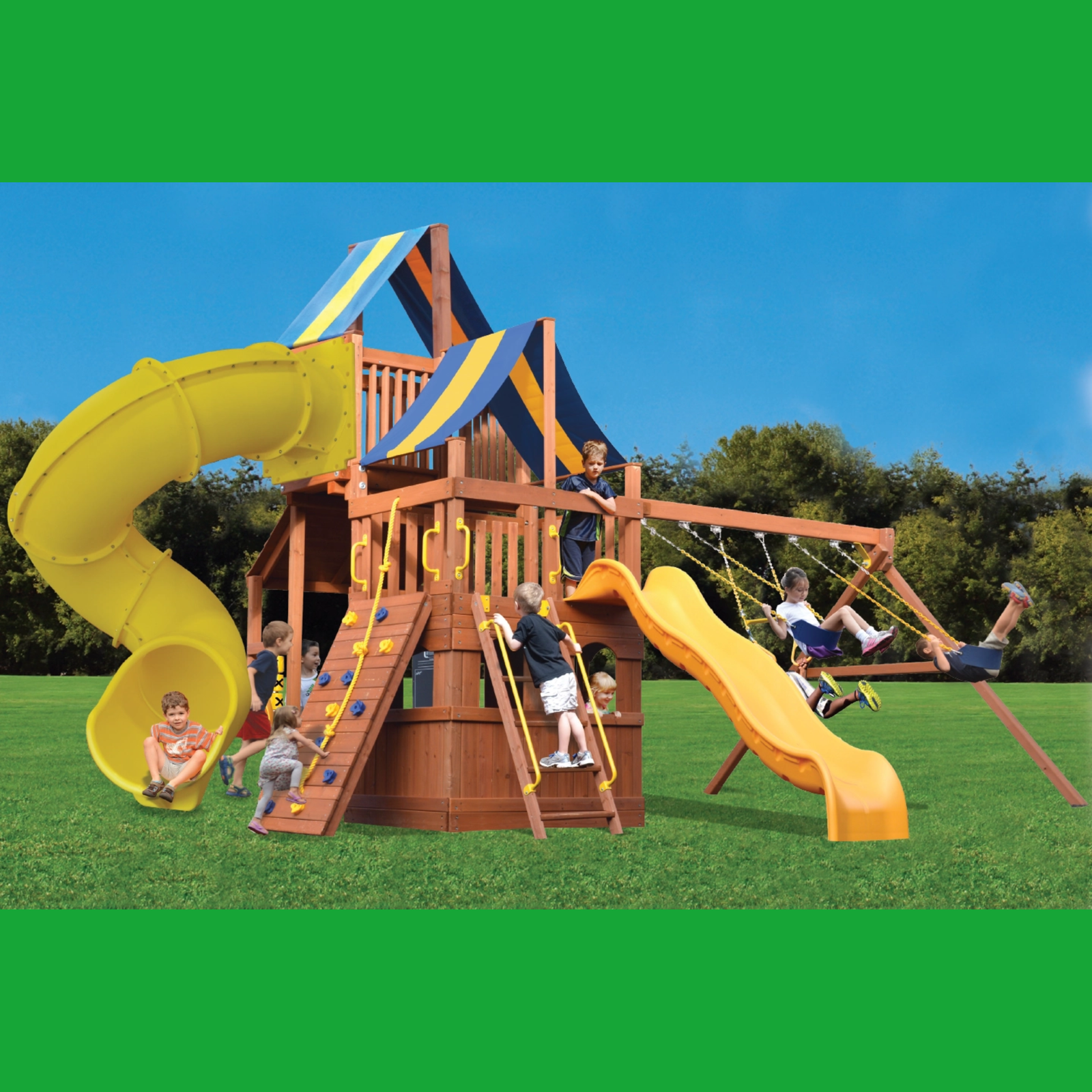 Children playing on a wooden playground set with slides and swings.