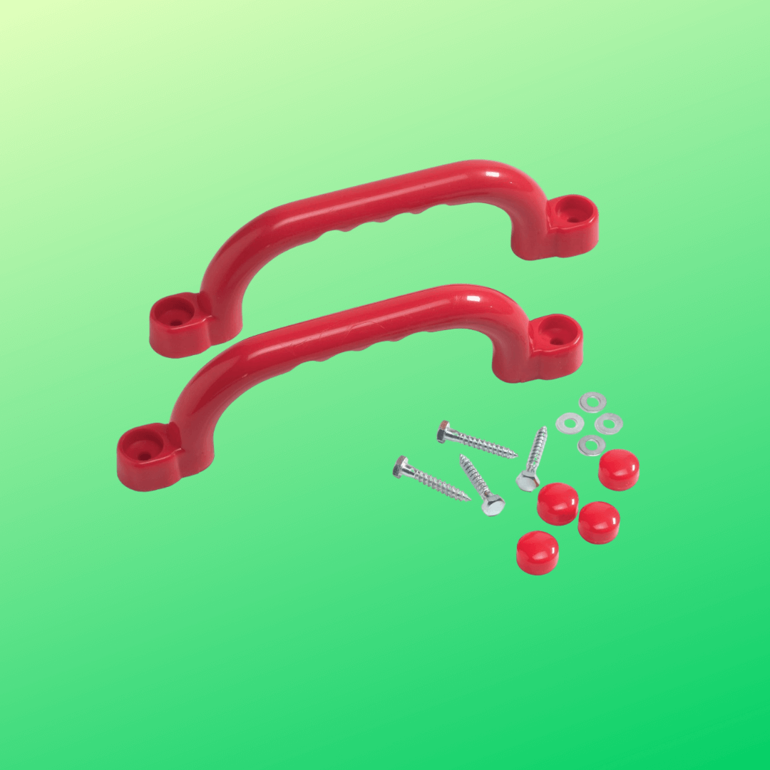 2 red plastic handles for playground. also screws and screw covers