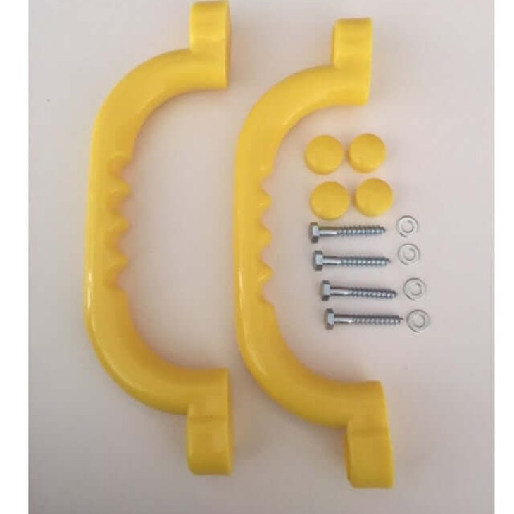 2 yellow plastic handles for playground, plus screws and screw covers.