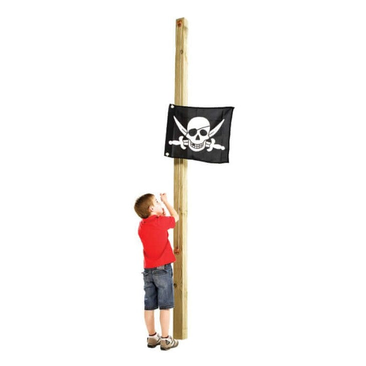 boy raising a pirate flag using hoist system