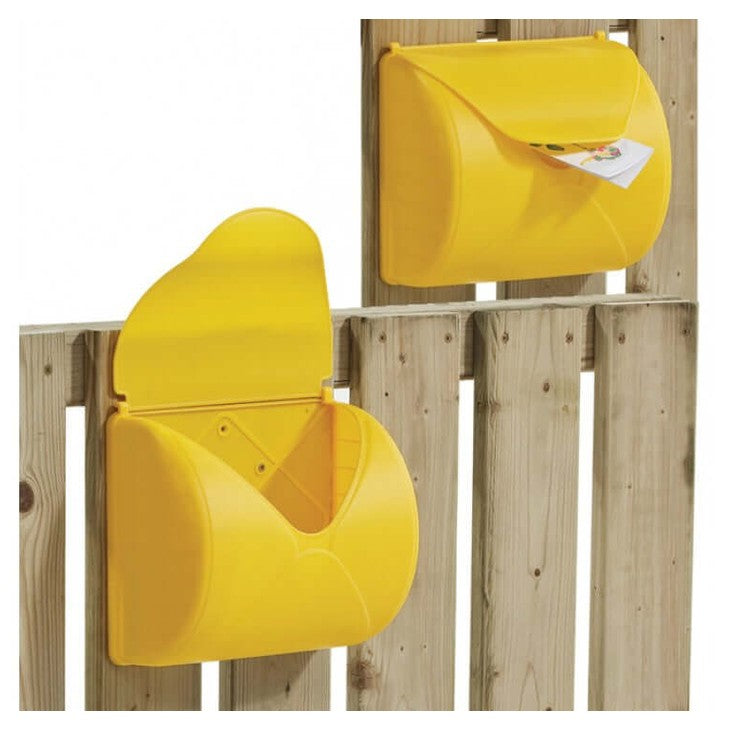 Two yellow letter boxes on a wooden fence.