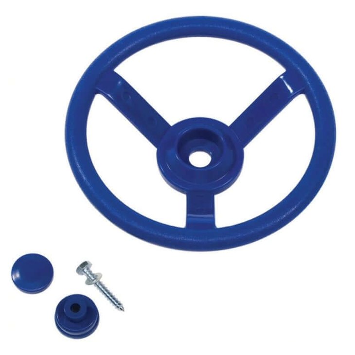Blue steering wheel with three spokes, plus hardware to secure to wall