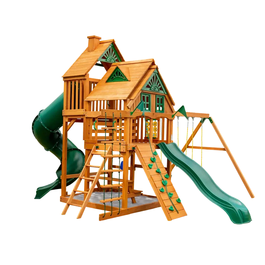 Wooden playset with slides and climbing elements on a white background