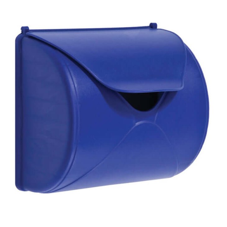 blue plastic letterbox with opening lid
