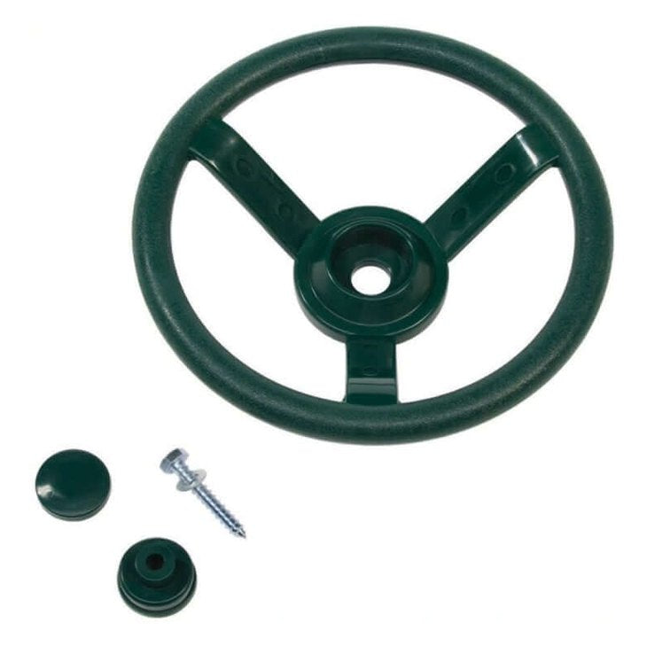 green steering wheel with three spokes, plus hardware to secure to wall