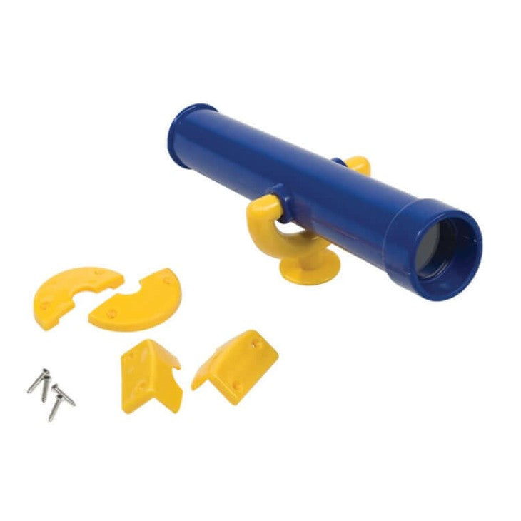 Blue plastic playground telescope with yellow components on a white background